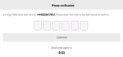 Verification of the phone when registering on the Parimatch website.